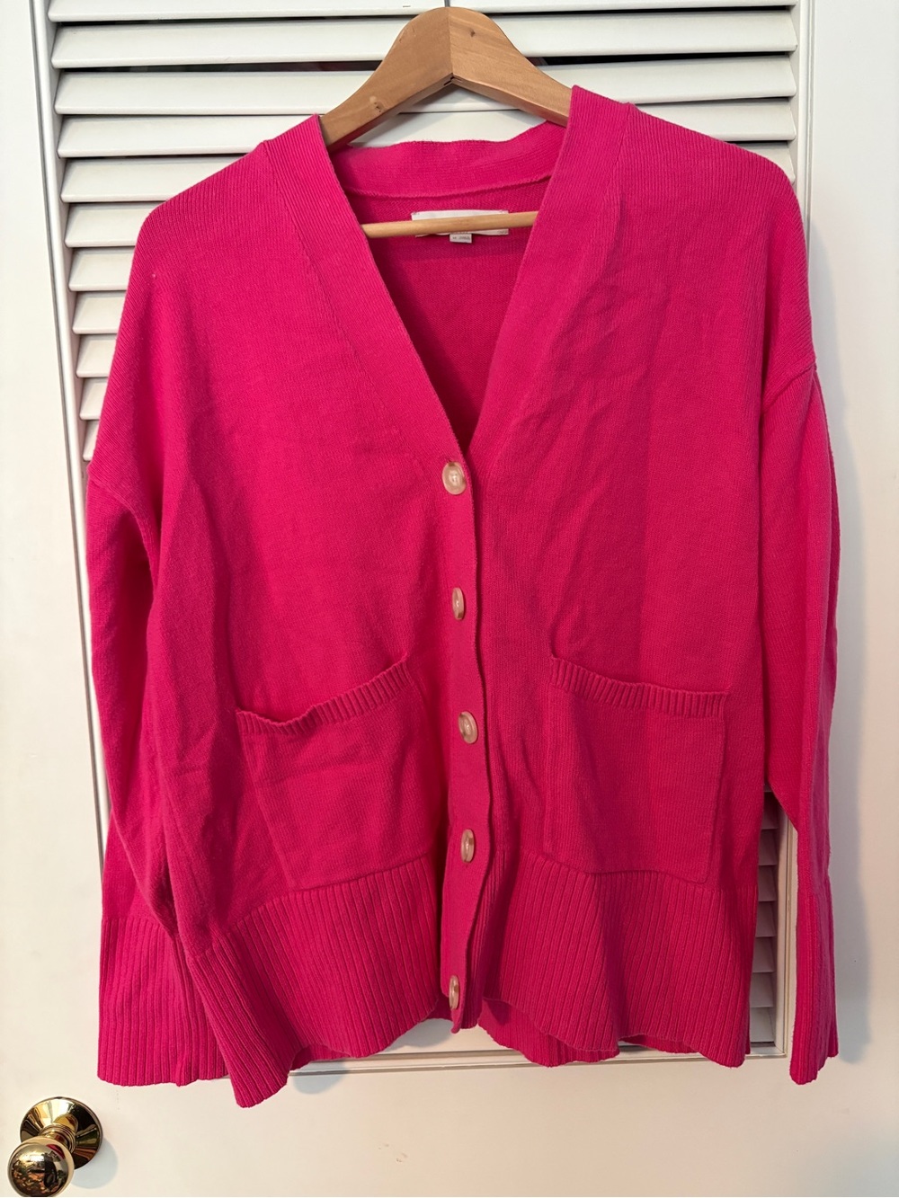 LOFT Bright Pink V-Neck Button Front Cardigan with Pockets